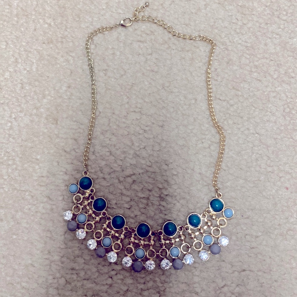 Teal, grey, gold collar necklace